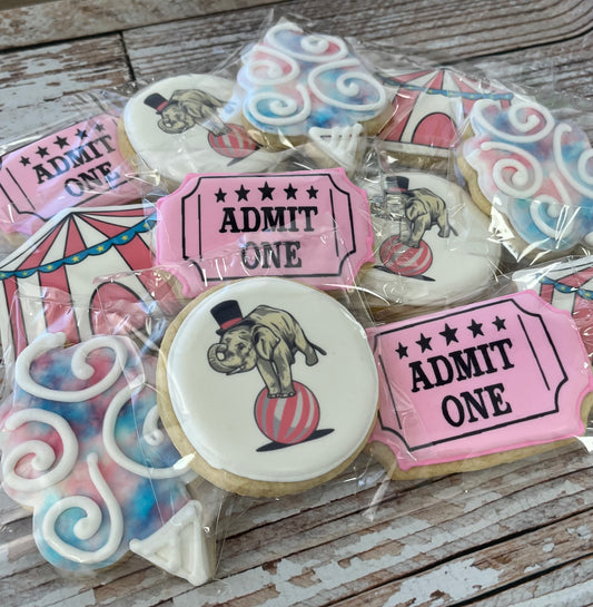 Pink Tickets Cotton Candy Elephant Circus Carnival Pink Themed Cookies--12 Count