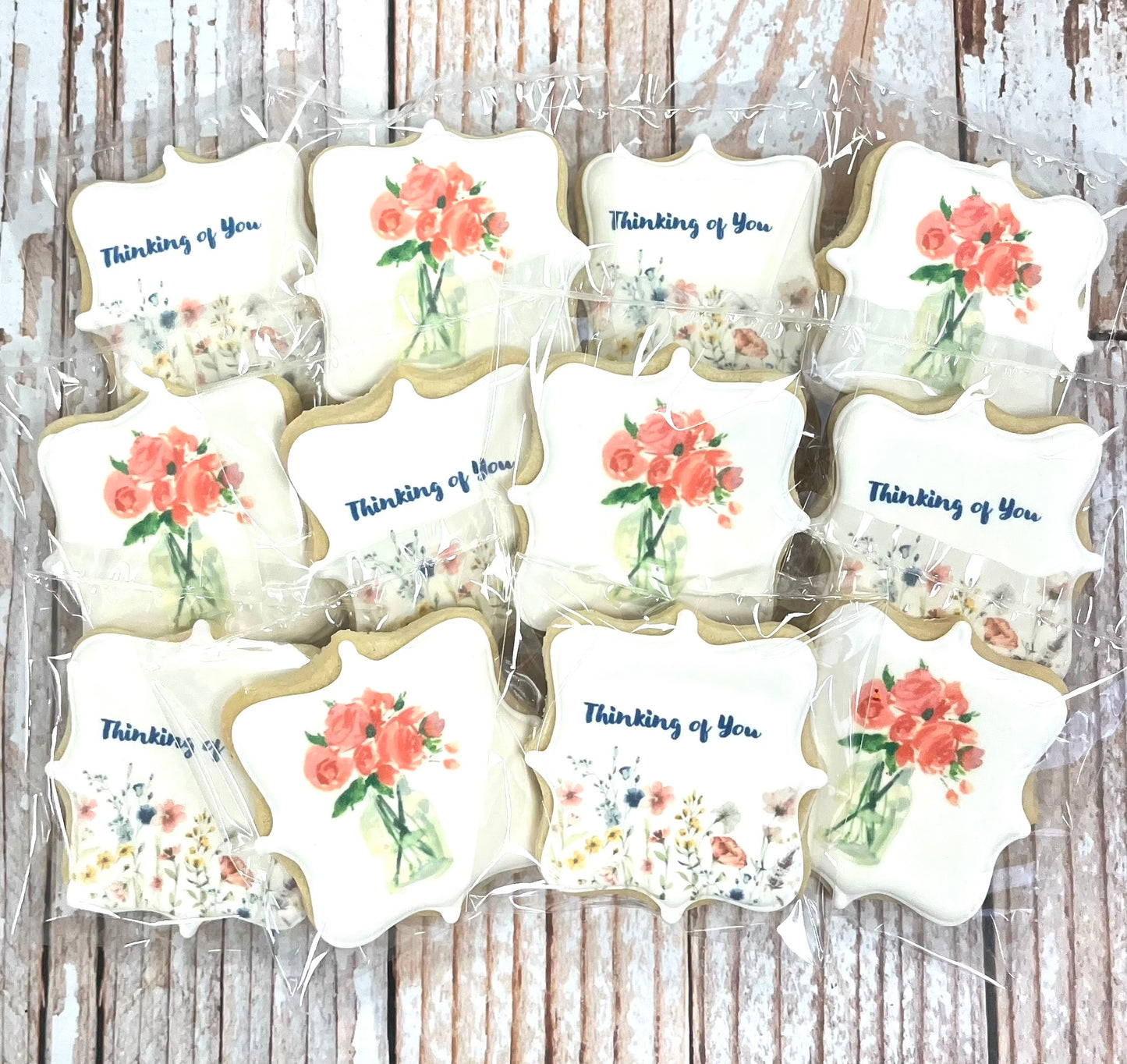 Square Plaque shaped Thinking of You Floral Cookies--12 Count