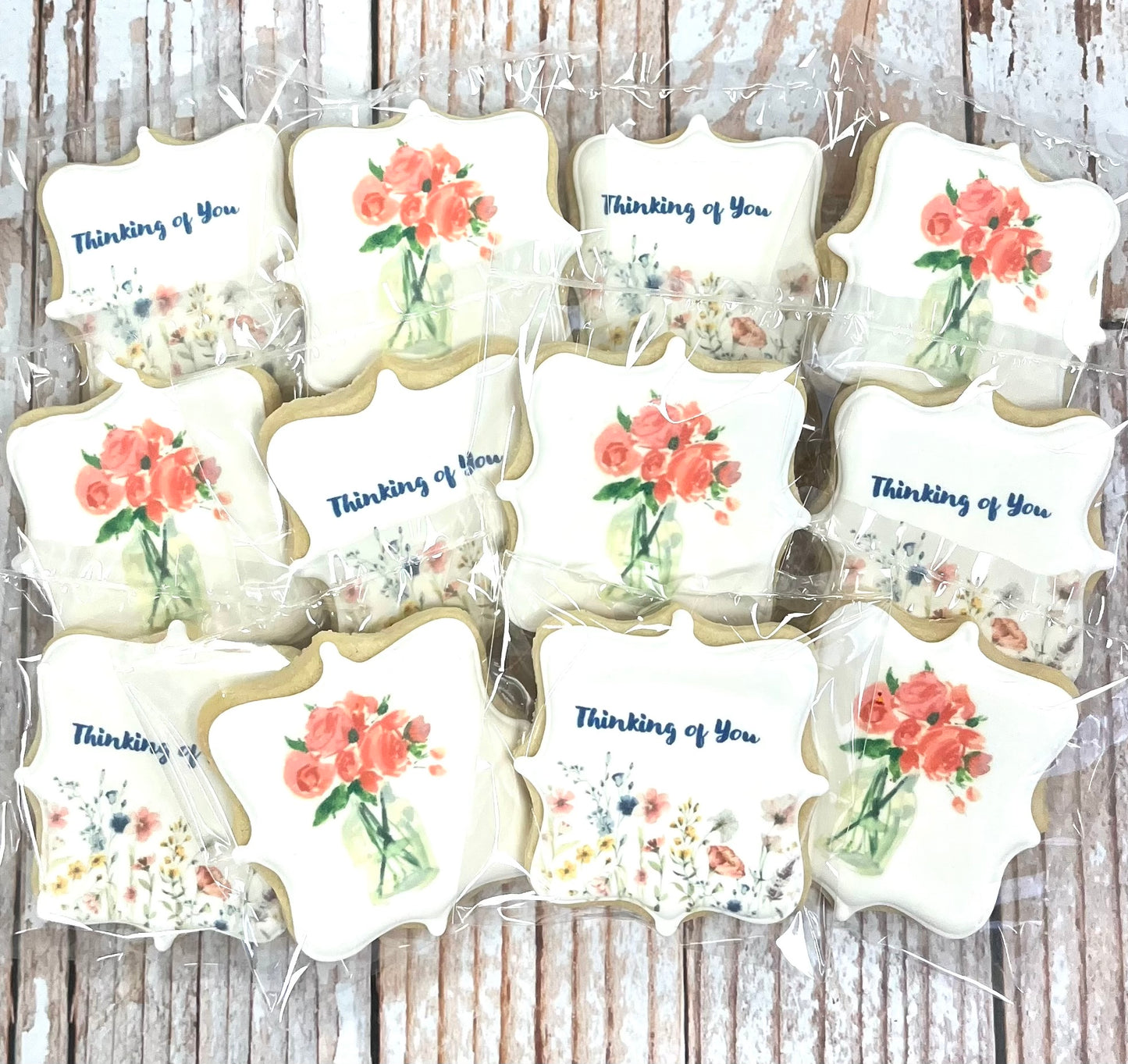 Square Plaque shaped Thinking of You Floral Cookies--12 Count