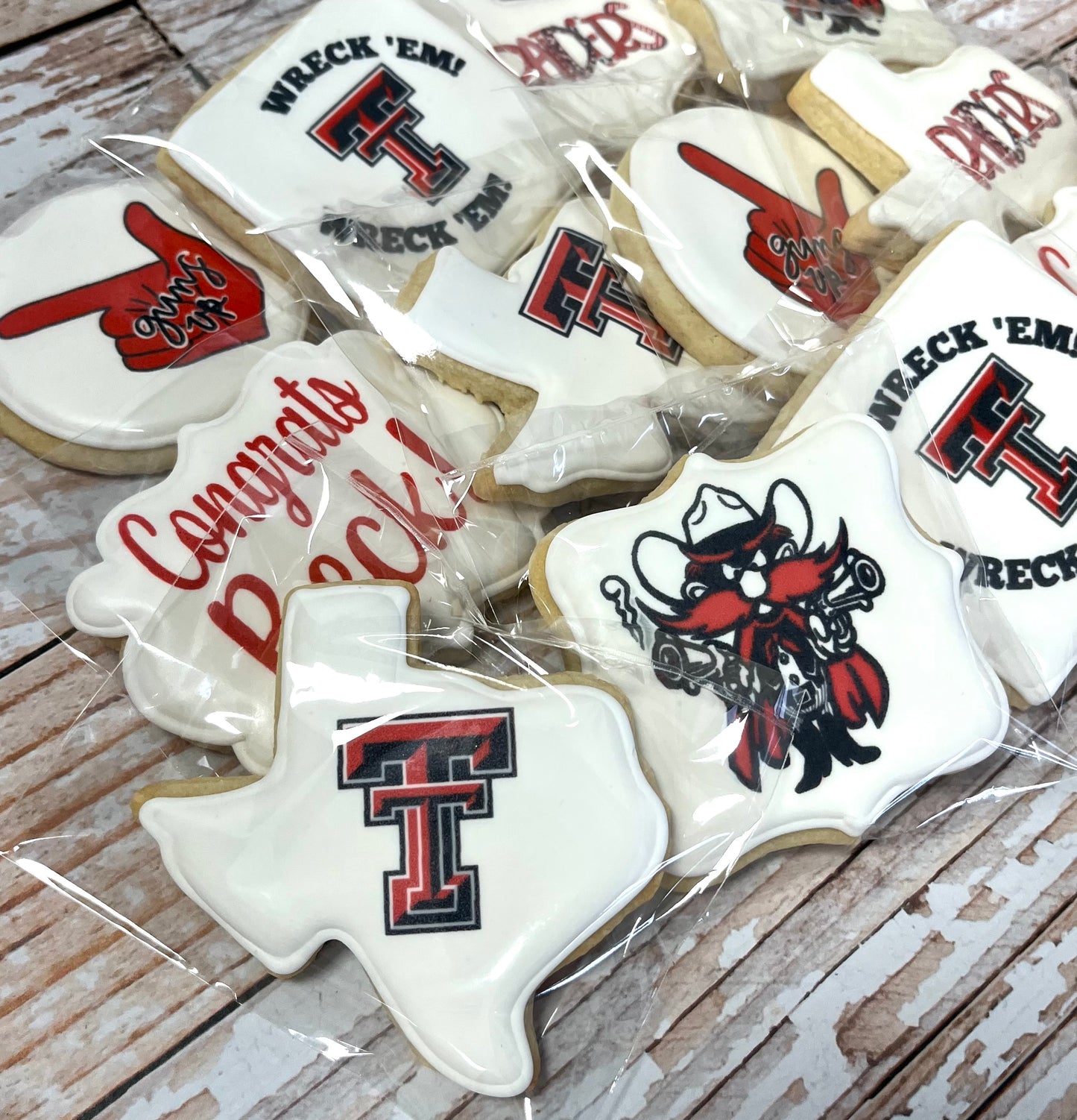 Red Raider Texas Tech Wreck 'Em Direct Printed Pre-Designed Set of Graduation Cookies--12 Count