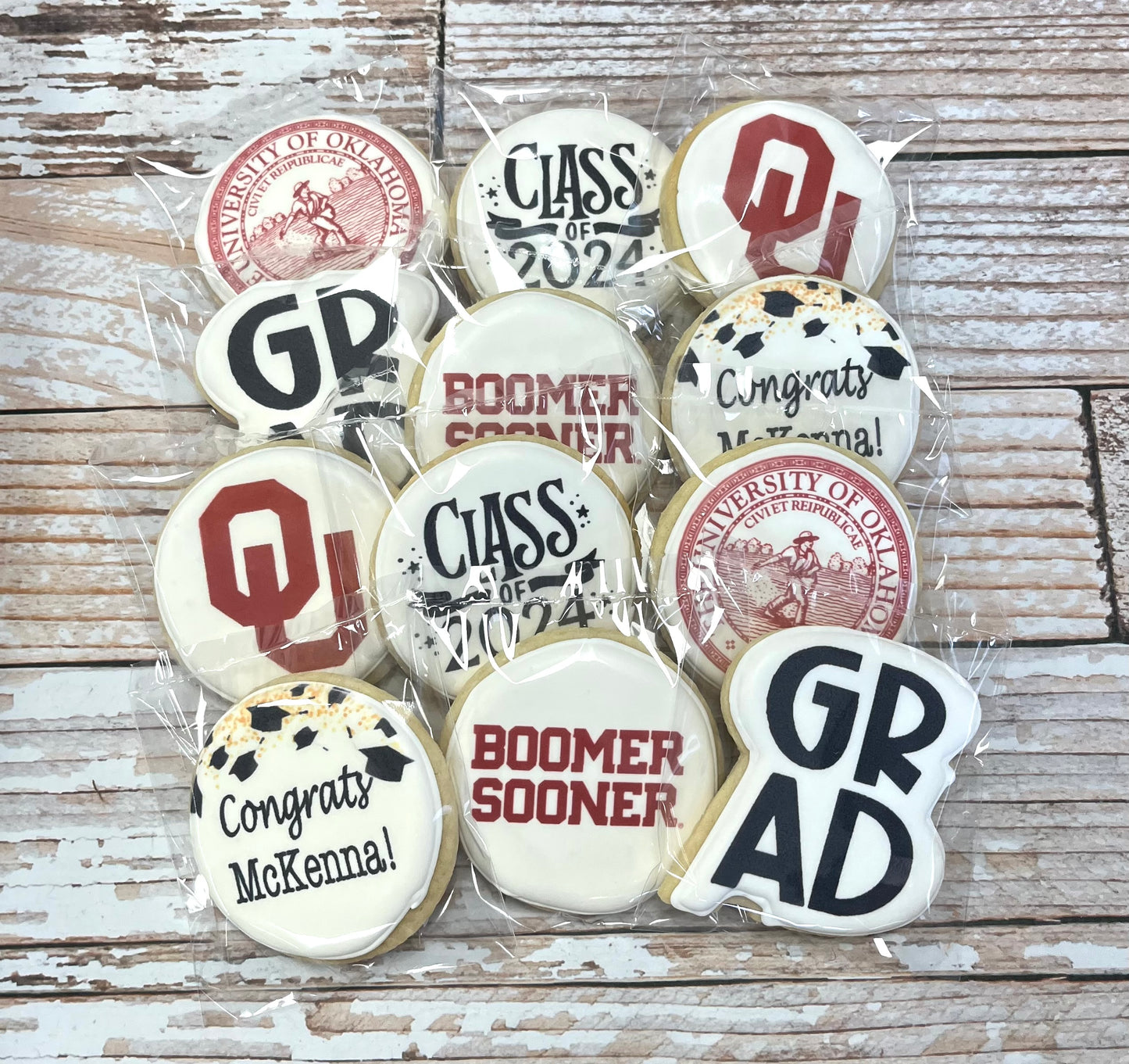 University of Oklahoma OU Boomer Sooner Direct Printed Pre-Designed Set of Graduation Cookies--12 Count