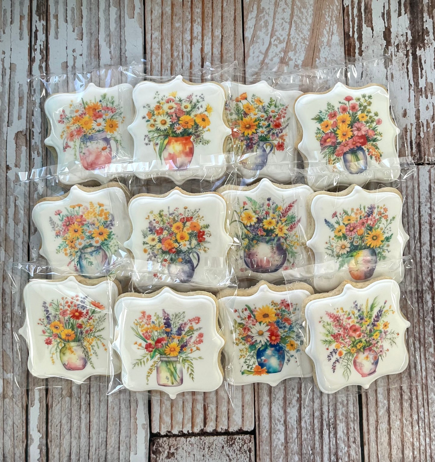 Square Plaque shaped Watercolor Wild Flowers Floral Vase Cookies--12 Count