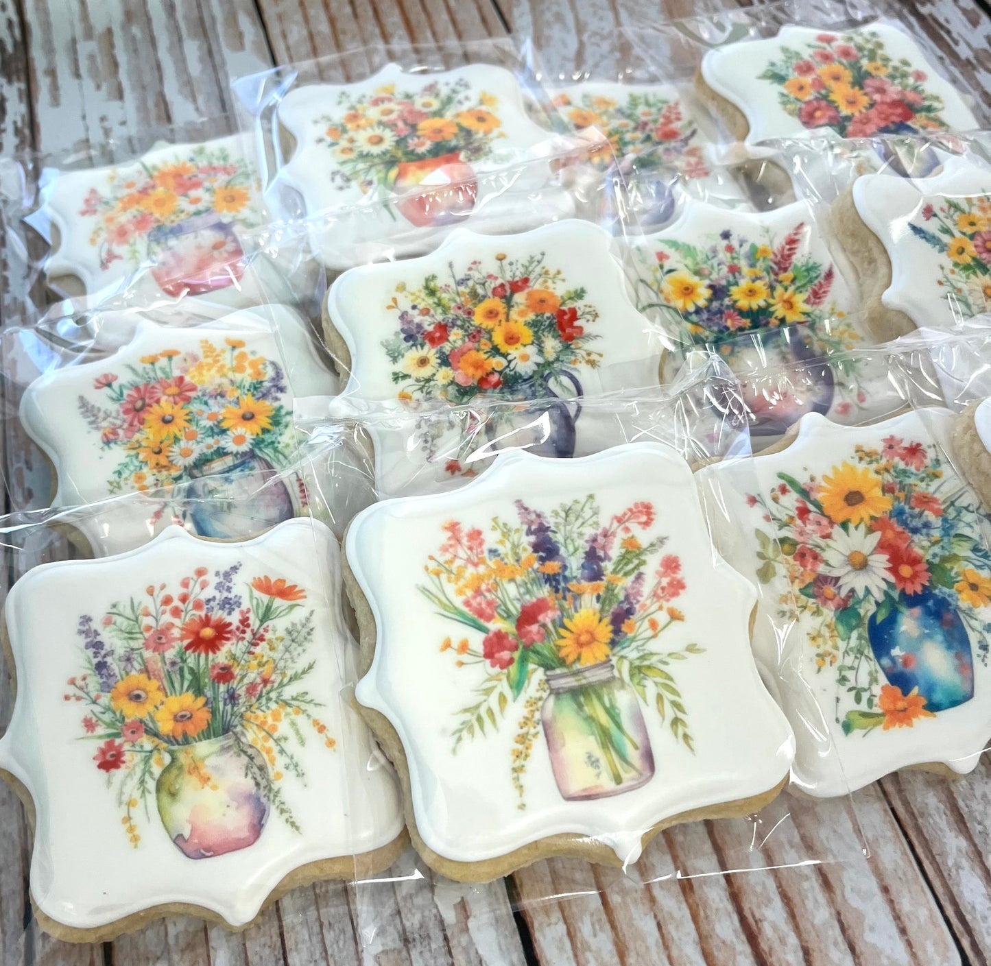 Square Plaque shaped Watercolor Wild Flowers Floral Vase Cookies--12 Count