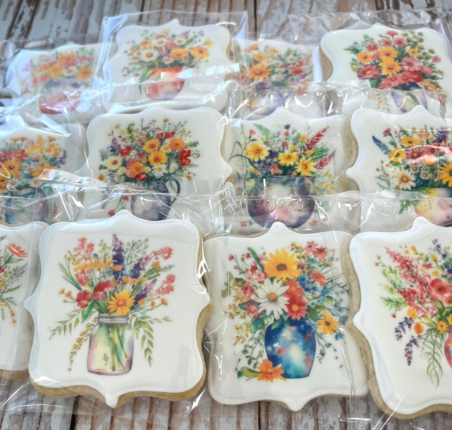 Square Plaque shaped Watercolor Wild Flowers Floral Vase Cookies--12 Count