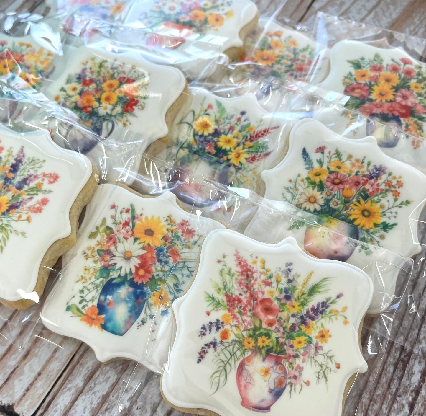 Square Plaque shaped Watercolor Wild Flowers Floral Vase Cookies--12 Count