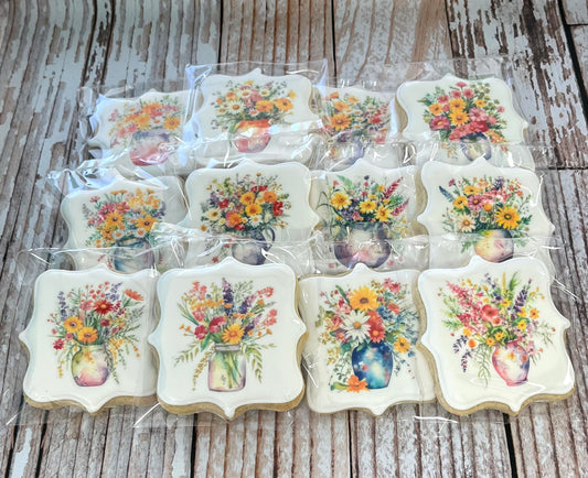 Square Plaque shaped Watercolor Wild Flowers Floral Vase Cookies--12 Count