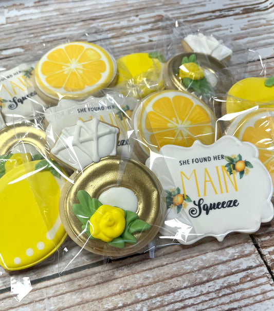 She Found her Main Squeeze Bridal Shower Lemon, Lemon Slices, Gold Wedding Rings w/Floral Detail Cookies -- 12 count