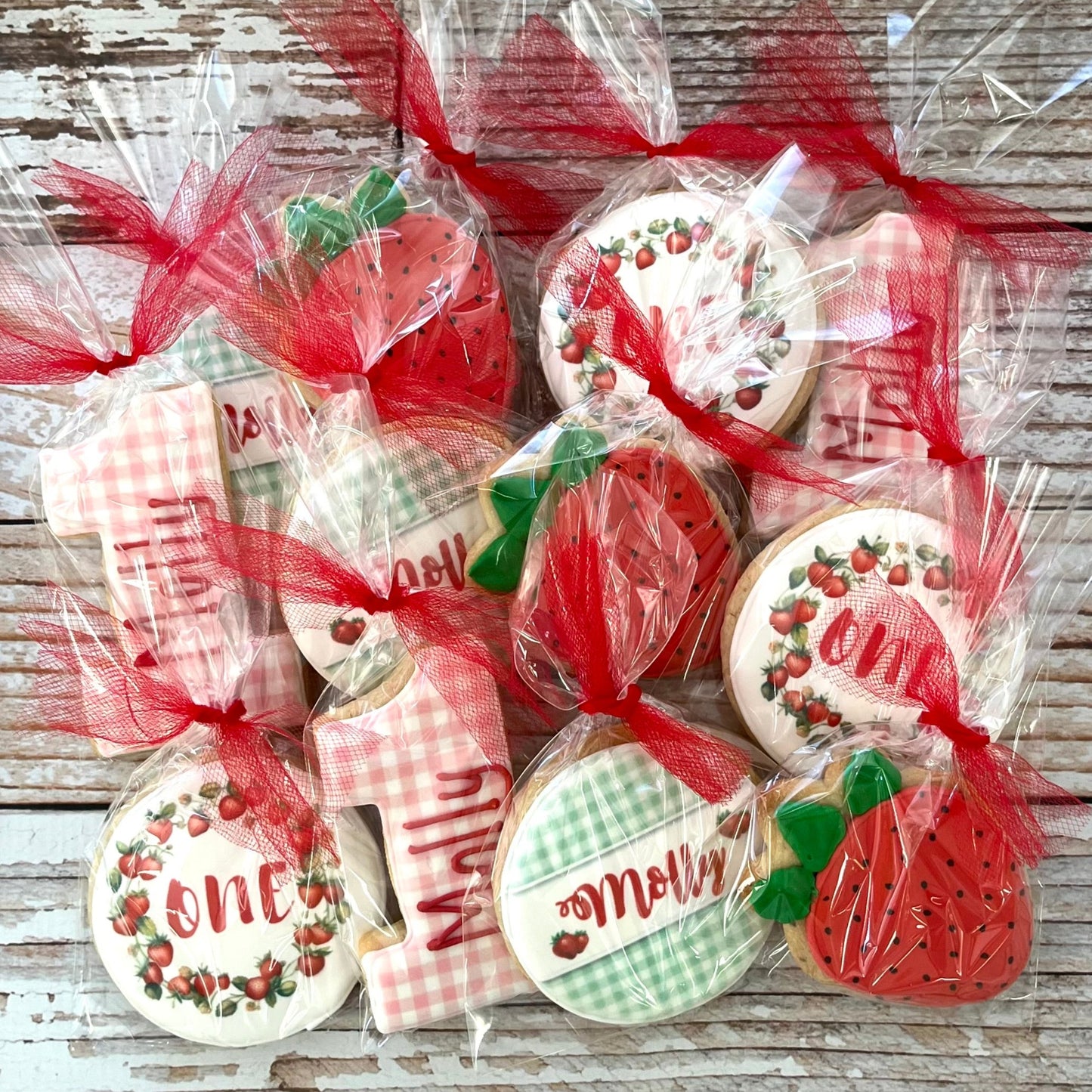 "Berry First Birthday" Berry Strawberry One w/gingham Red and Pink Strawberry Patch Cookies -12 Count