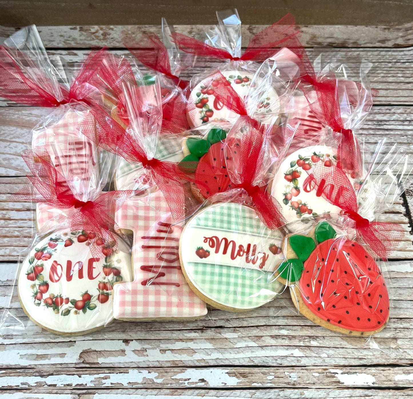 "Berry First Birthday" Berry Strawberry One w/gingham Red and Pink Strawberry Patch Cookies -12 Count