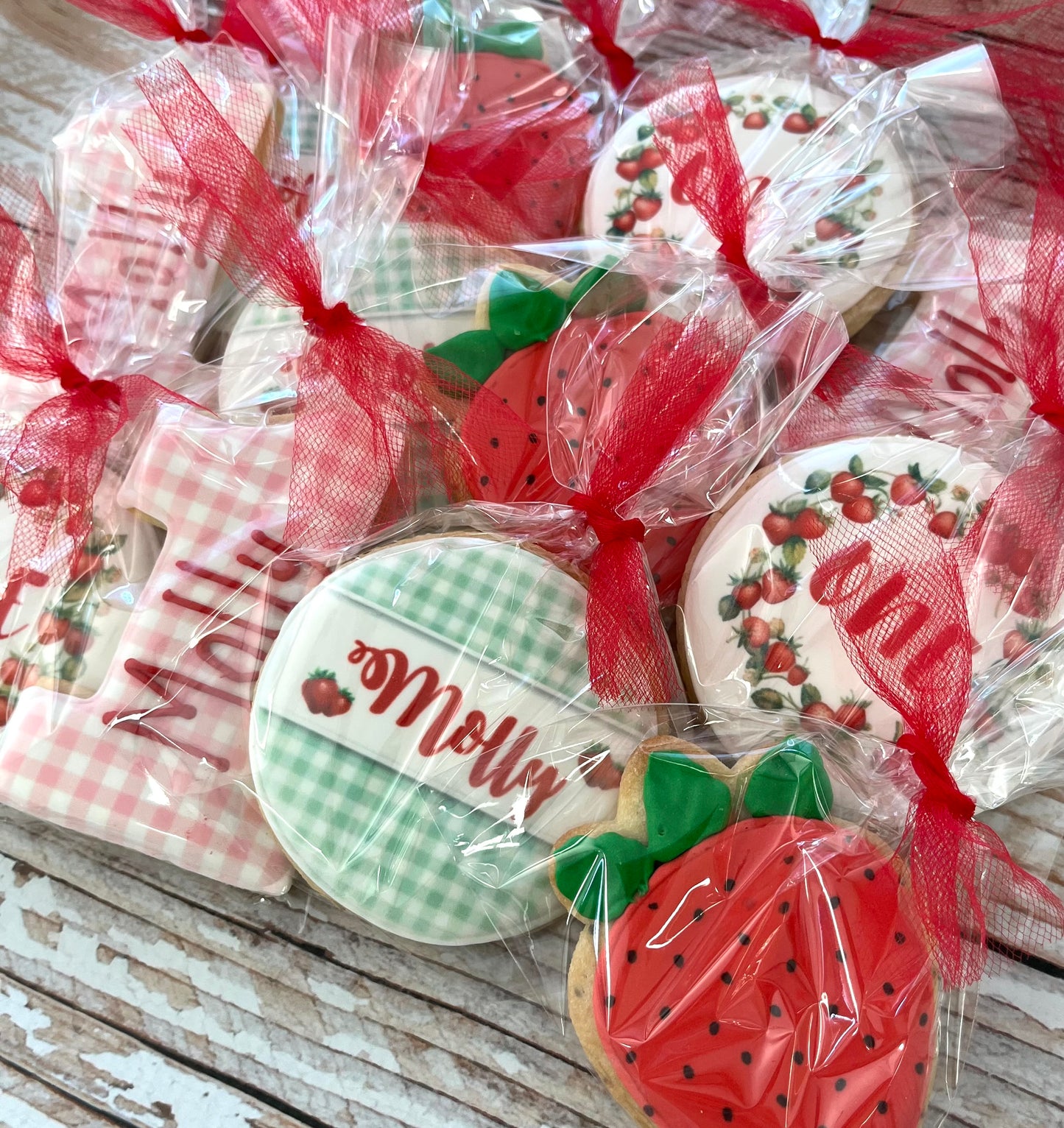 "Berry First Birthday" Berry Strawberry One w/gingham Red and Pink Strawberry Patch Cookies -12 Count