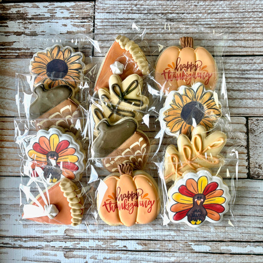 Thanksgiving Fall Themed Cookies, Pumpkin, Turkey, Pie,  Sunflower, Acorn --12 Count