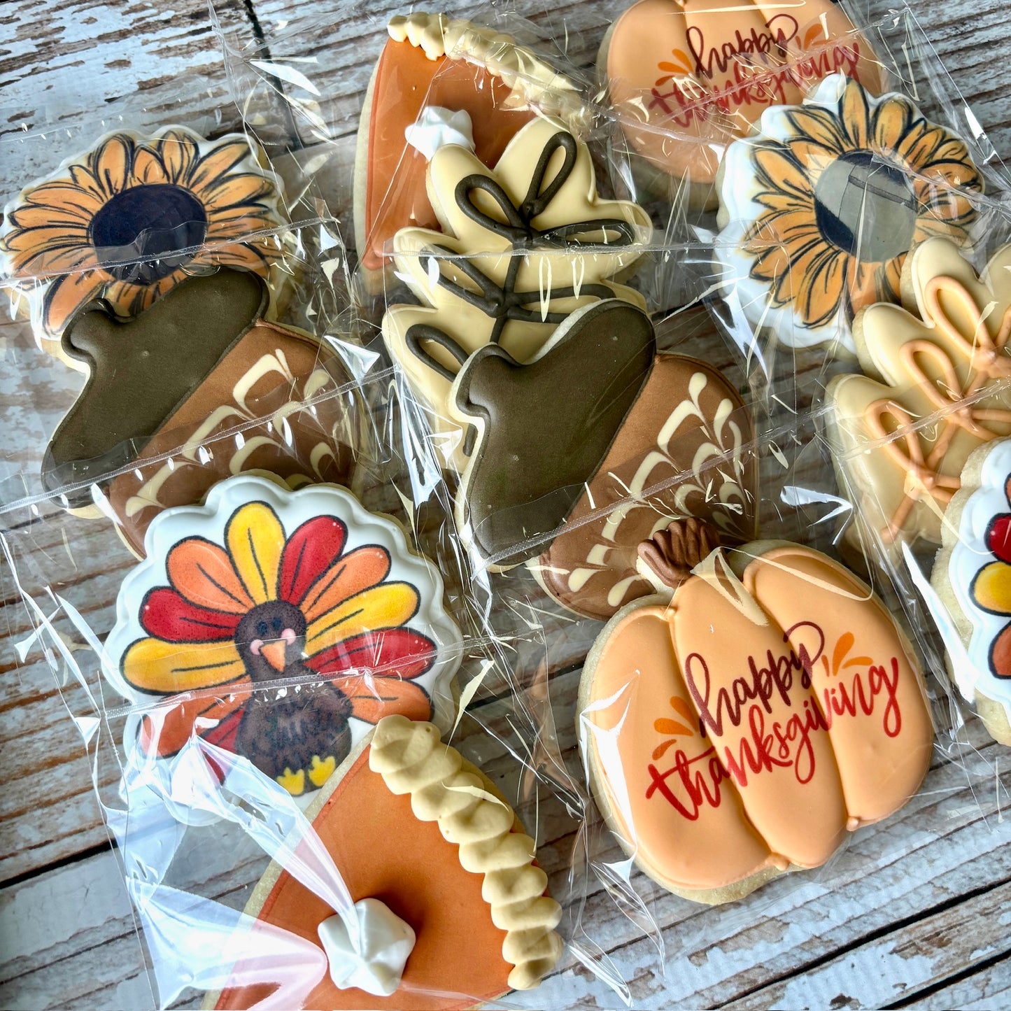 Thanksgiving Fall Themed Cookies, Pumpkin, Turkey, Pie,  Sunflower, Acorn --12 Count