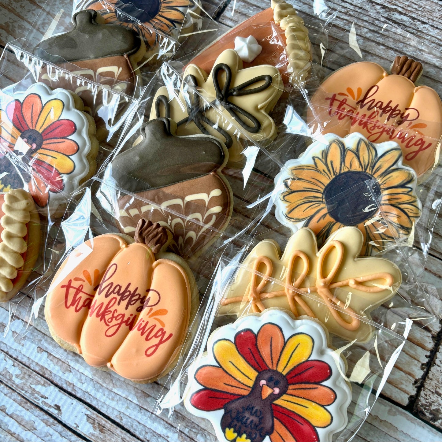 Thanksgiving Fall Themed Cookies, Pumpkin, Turkey, Pie,  Sunflower, Acorn --12 Count