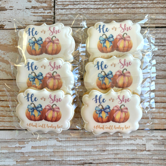 Pumpkin Fall He or She What will Baby Be? Gender Reveal Baby Shower Gender Neutral Themed Cookies--12 Count