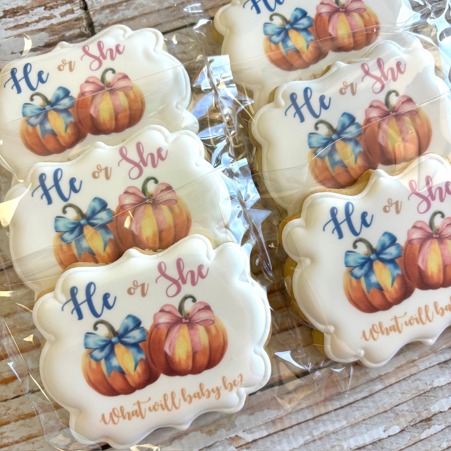 Pumpkin Fall He or She What will Baby Be? Gender Reveal Baby Shower Gender Neutral Themed Cookies--12 Count