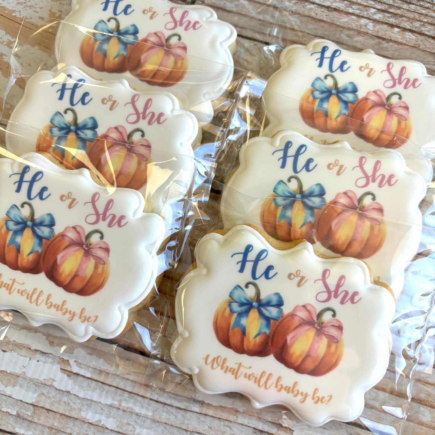 Pumpkin Fall He or She What will Baby Be? Gender Reveal Baby Shower Gender Neutral Themed Cookies--12 Count