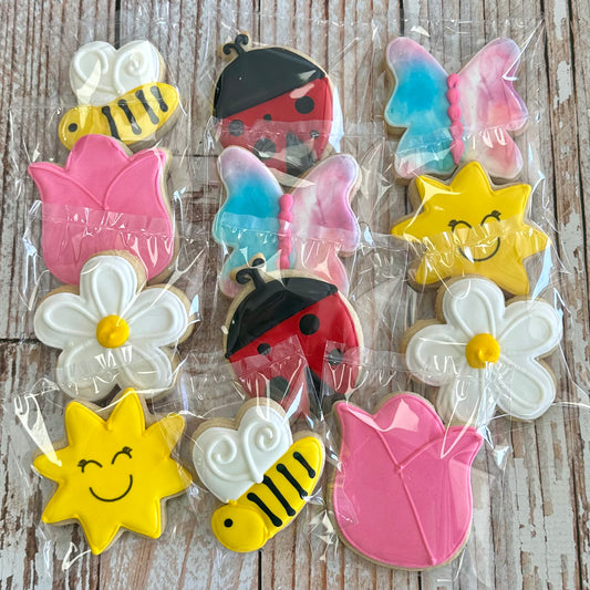 Spring Summer Themed Cookies Butterfly Bumble Bee Flowers Lady Bug Daisy Tulip Set--12 Count