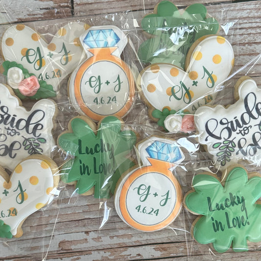 Lucky in Love Bride to Be Wedding Ring Bridal Engagement Cookies w/Couple's Names & Wedding Date-- 12 Count
