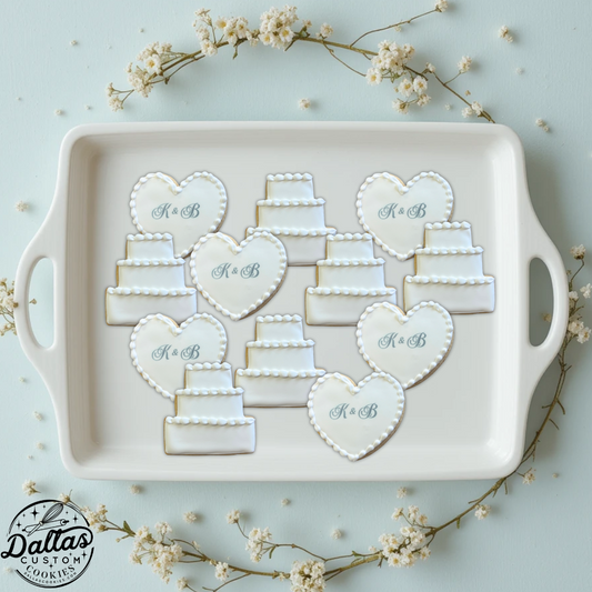 Decorative Scalloped Edge Hand Decorated Hearts w/initials + 3 Tier Wedding Cake Engagement Wedding Cookies--12 Count
