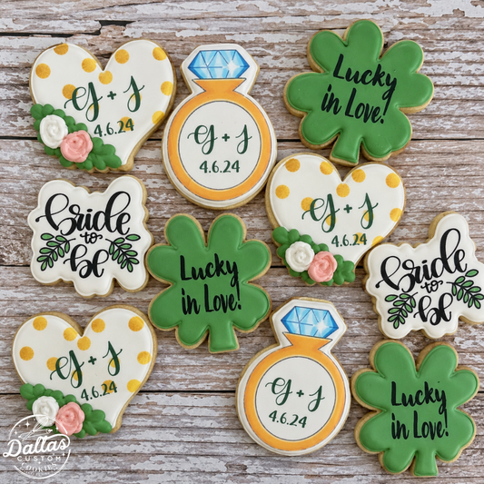 Lucky in Love Bride to Be Wedding Ring Bridal Engagement Cookies w/Couple's Names & Wedding Date-- 12 Count