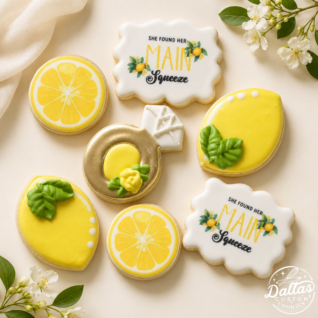 She Found her Main Squeeze Bridal Shower Lemon, Lemon Slices, Gold Wedding Rings w/Floral Detail Cookies -- 12 count