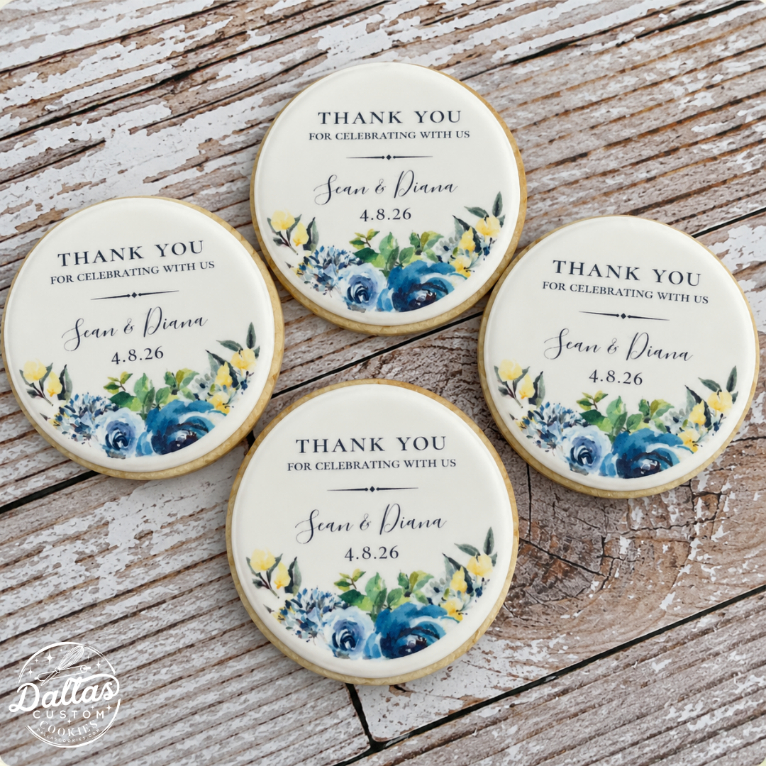 Personalized Thank You for Celebrating with Us Blue Floral Wedding Cookies--12 Count