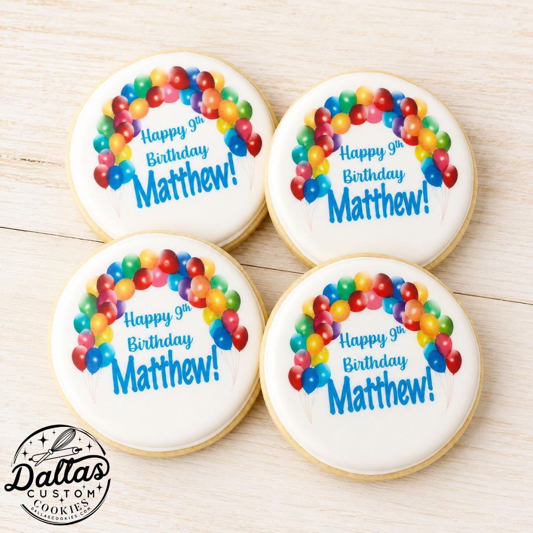 Personalized w/name and Age Colorful Balloons Banners Happy Birthday Circle Cookies--12 Count