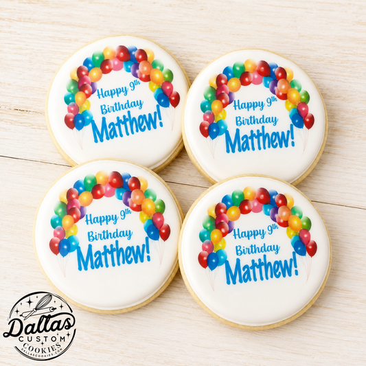 Personalized w/name and Age Colorful Balloons Banners Happy Birthday Circle Cookies--12 Count