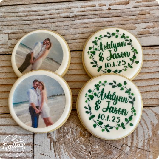 Photo Picture with Personalized Wreath Wedding Date Save the Date Cookies--12 Count
