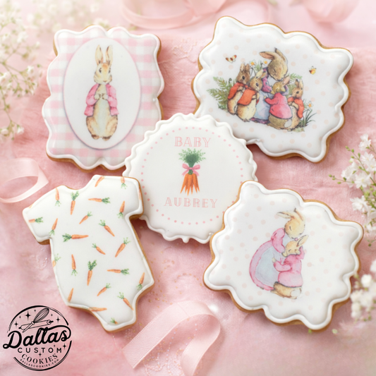 Peter Rabbit Girl Pink Bunny Baby Shower Cookies--12 Count