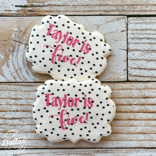 Plaque Shaped Pink w/black Polka Dots Birthday Name and Age Cookies--12 Count