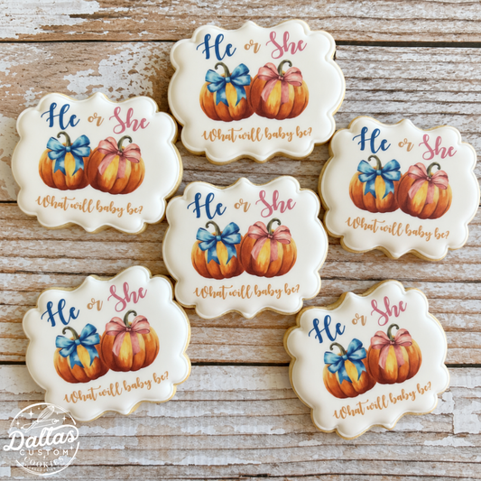 Pumpkin Fall He or She What will Baby Be? Gender Reveal Baby Shower Gender Neutral Themed Cookies--12 Count