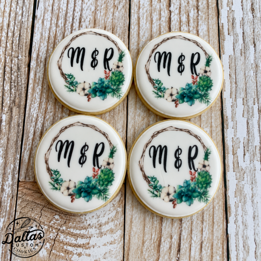 Succulent Bridal Wreath Custom Cookies w/initials-- 12 Count