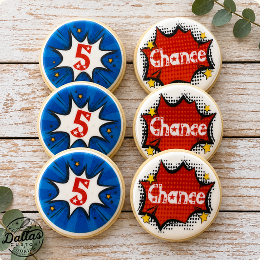 Super Hero Comic Themed Cookies w/Name & Age--12 Count