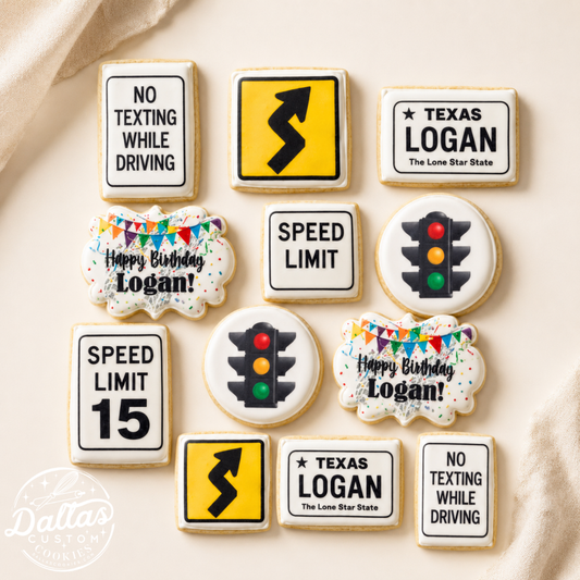 No Texting+ Street Signs + 15th Birthday Learners Permit 16th Birthday New Driver Driving Themed Cookies--12 Count