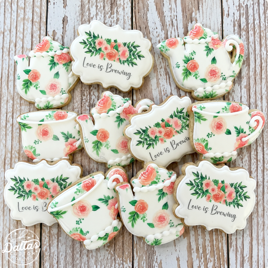 Teacup Teapot Love is Brewing Floral Tea Party Themed Cookies--12 Count