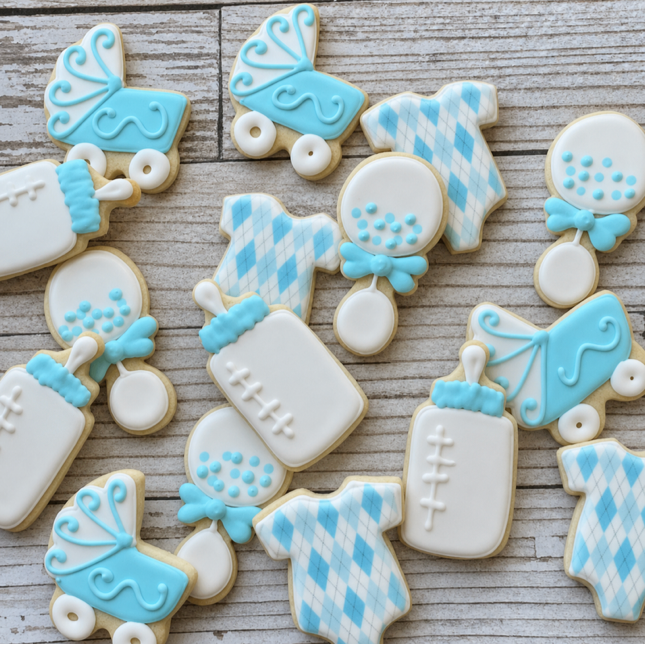 Baby Boy Shower Cookies w/choice of onesie --12 Count