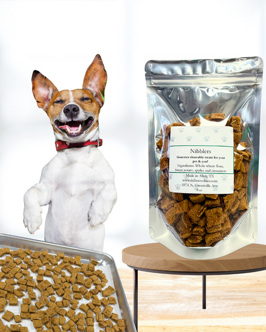 Nibblers Dog Pet Treats NO Sugar Added. Whole Wheat Flour Sweet potato & Apple Bites--8oz Resealable Bag