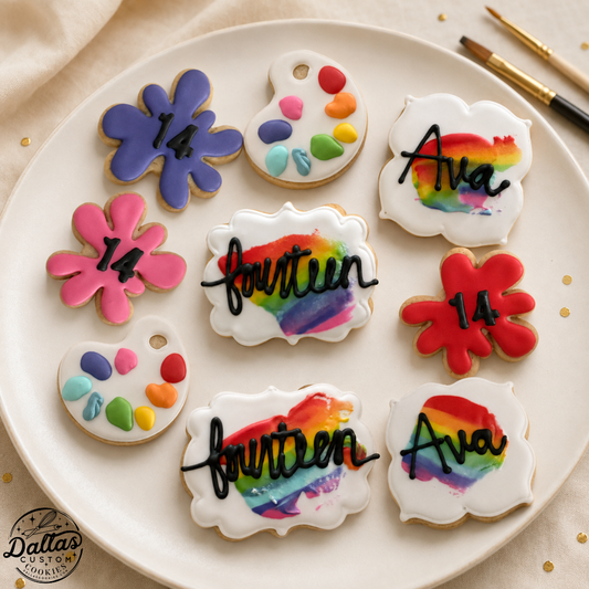 Paint Pallet Set, Paint Splatter, Artist Set w/custom Name Birthday Cookies -12 Count