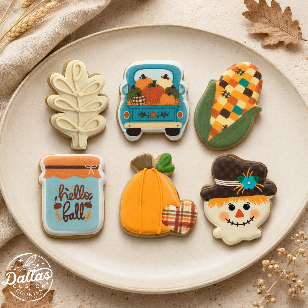 Fall Themed Cookies, Pumpkin, Scare Crow,  Truck, Corn --12 Count
