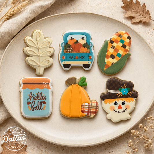 Fall Themed Cookies, Pumpkin, Scare Crow,  Truck, Corn --12 Count