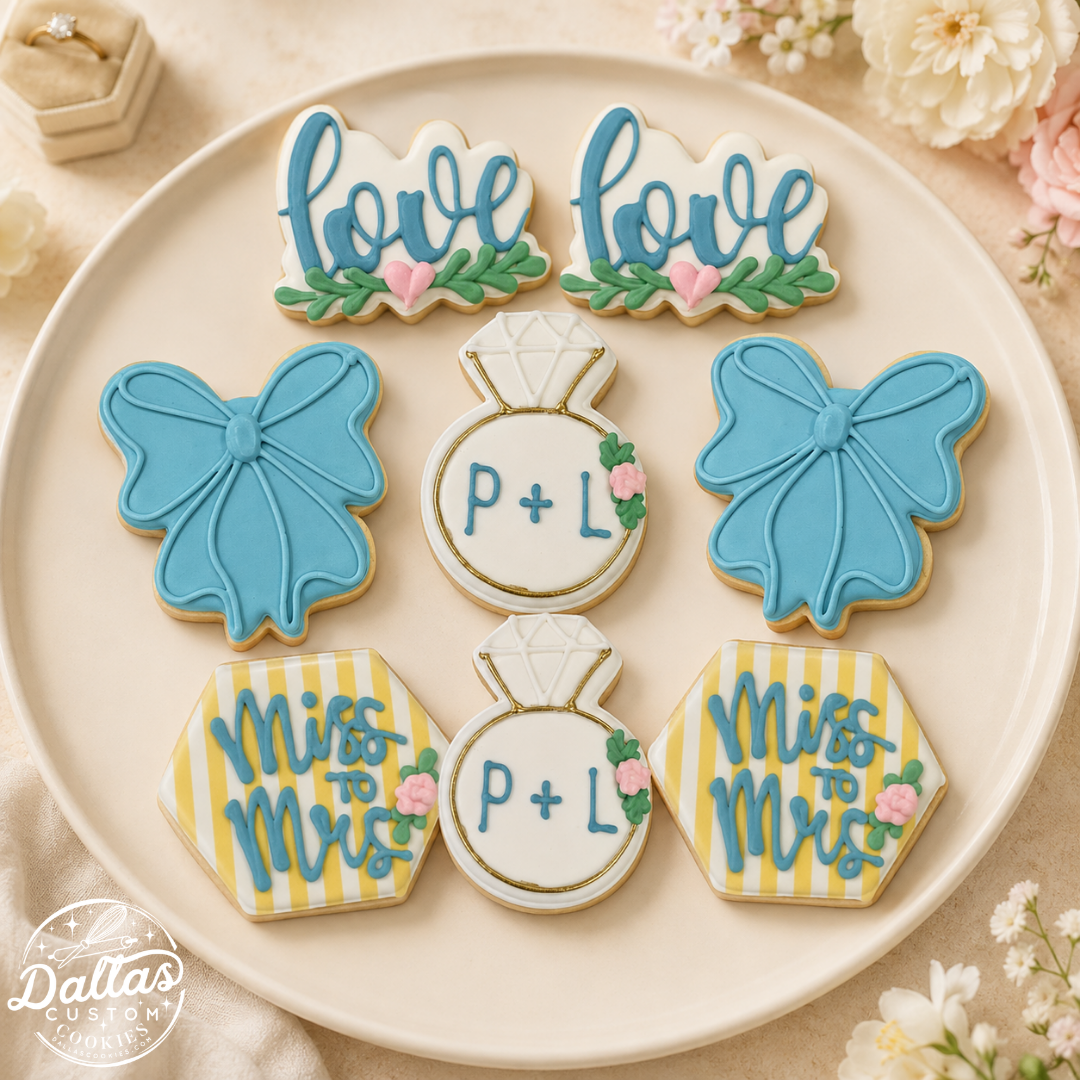 Bridal Miss. to Mrs. Blue Bows, Love, Engagement Rings Cookie Set-- 12 Count