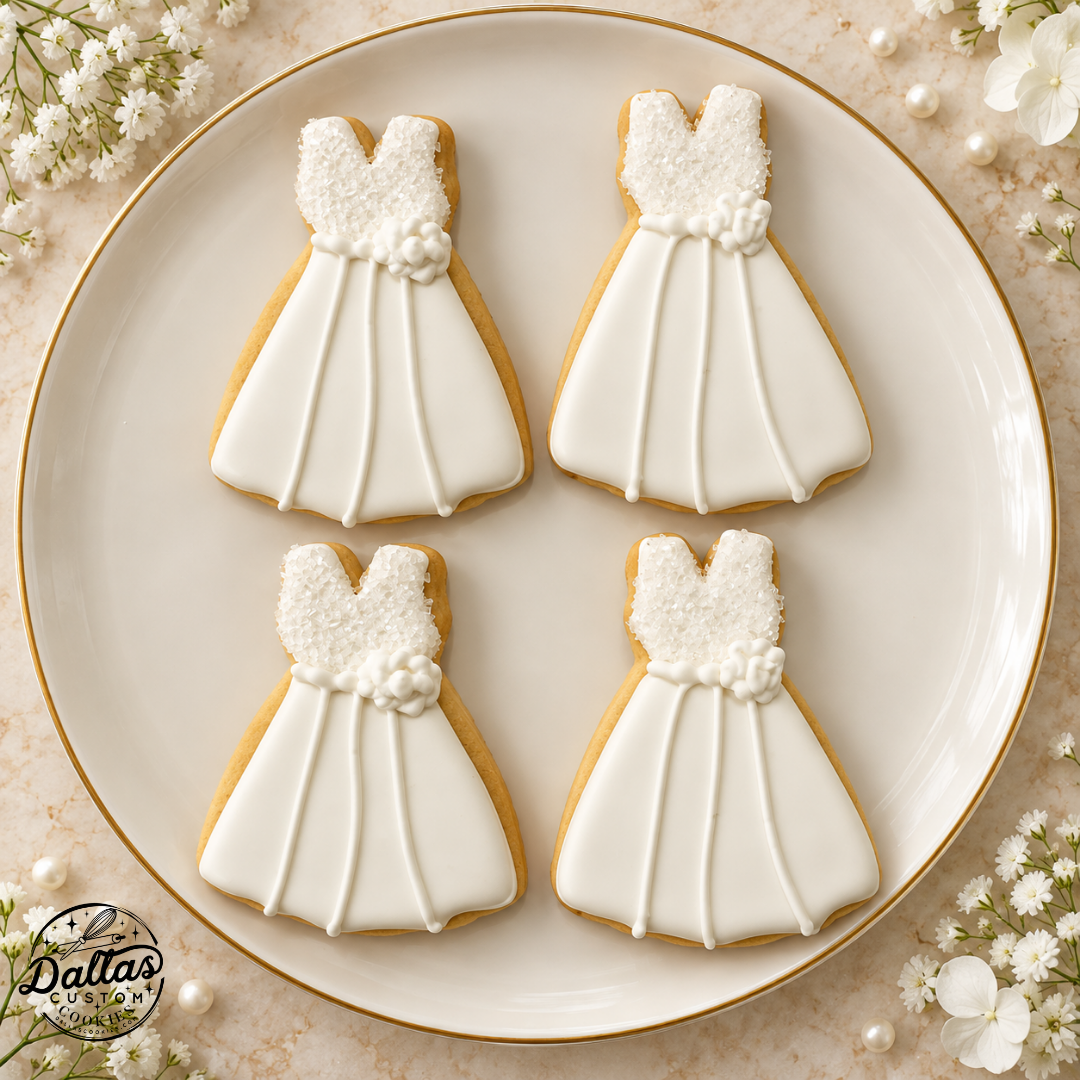 Wedding Dress Cookies – Elegant Bridal Shower Favors with White Florals-– 12 Count