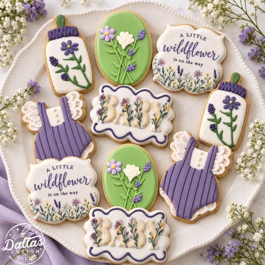 Girly Flower Wildflower Lilac Purple Floral Ruffled Lace Onesies Baby Shower Cookie Set --12 Count