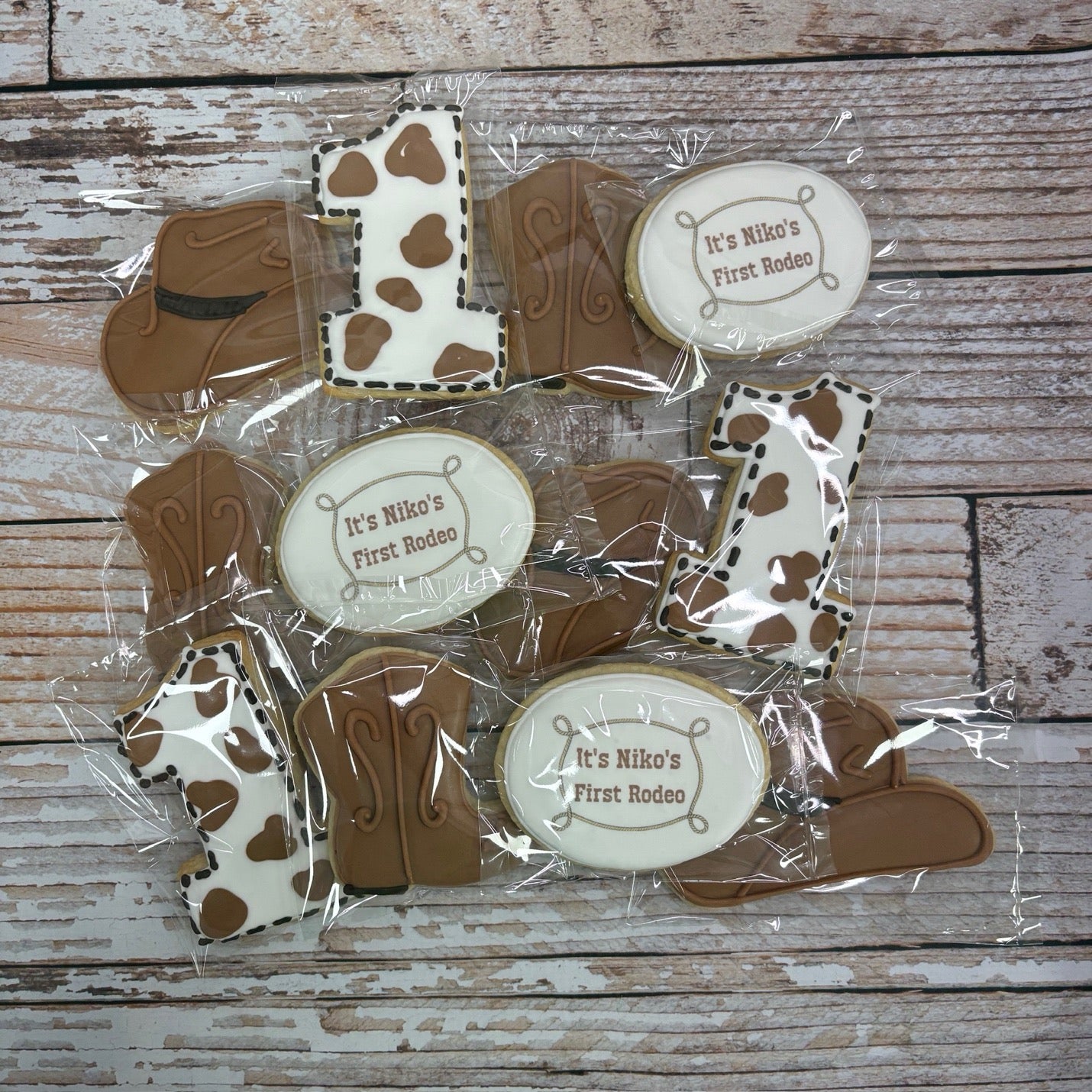 Hand Decorated First Rodeo Cowboy Boots, Cowboy Hat,  #1 Shape Themed Birthday--12 Count