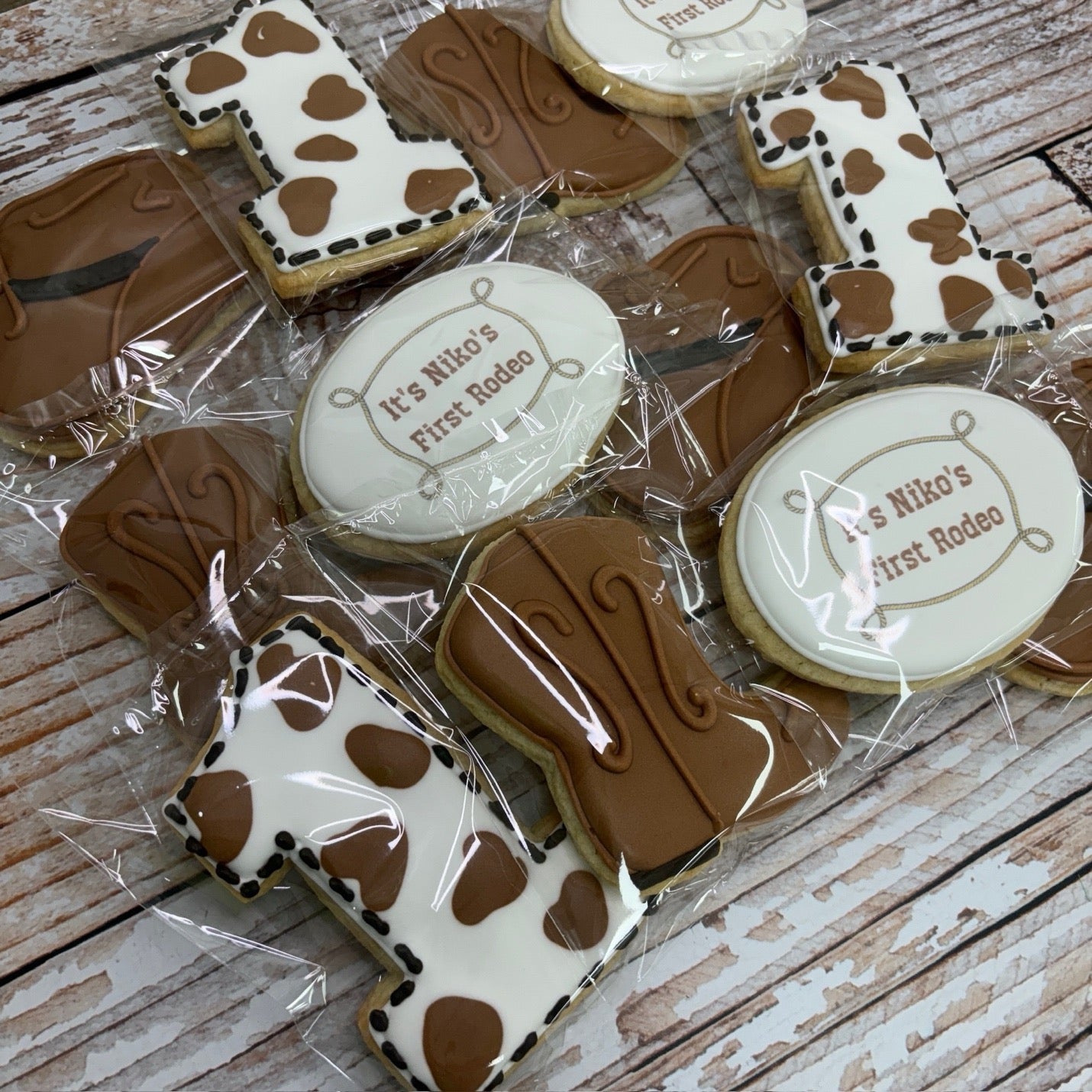 Hand Decorated First Rodeo Cowboy Boots, Cowboy Hat,  #1 Shape Themed Birthday--12 Count