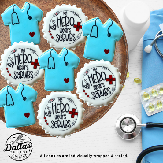 Medical Nurse or Doctor Scrub Top with Stethoscope + Healthcare Hero Themed Cookies--12 Count