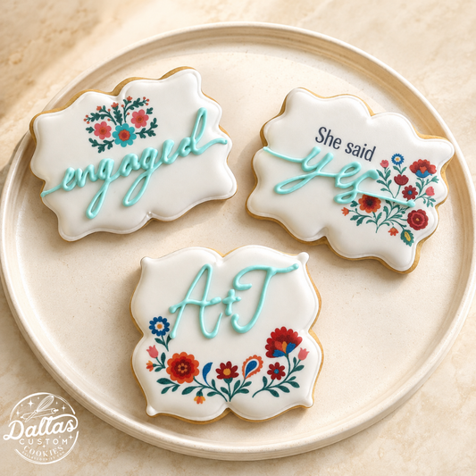 Floral Fiesta Engagement Announcement Set He asked She said YES Engaged Cookies -- 12 Count