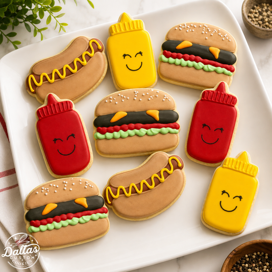 Summer All-American BBQ Hot Dogs, Burgers Ketchup & Mustard Cookie Set-- 12 Count