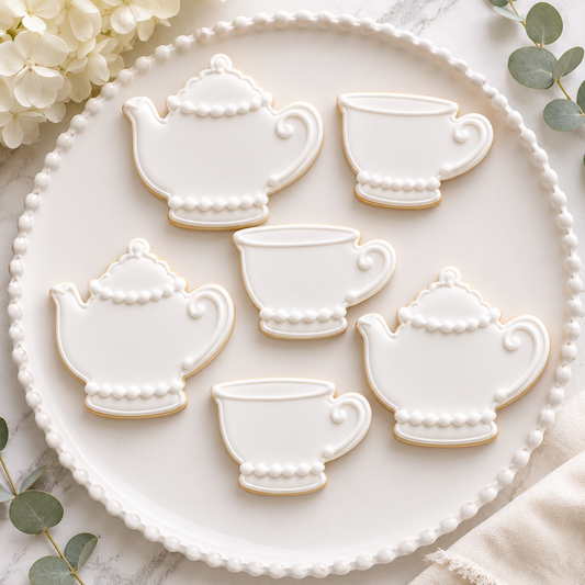 Tea cup and teapot sugar cookies with white icing and pearl piping on a beaded platter